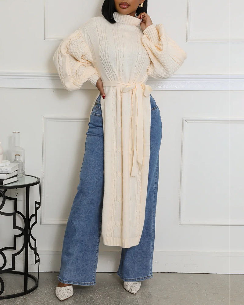 Cable Textured High Neck Lantern Sleeve Bow Tie Waist Sweater Casual High Slit Knit Longline Top - Image 14