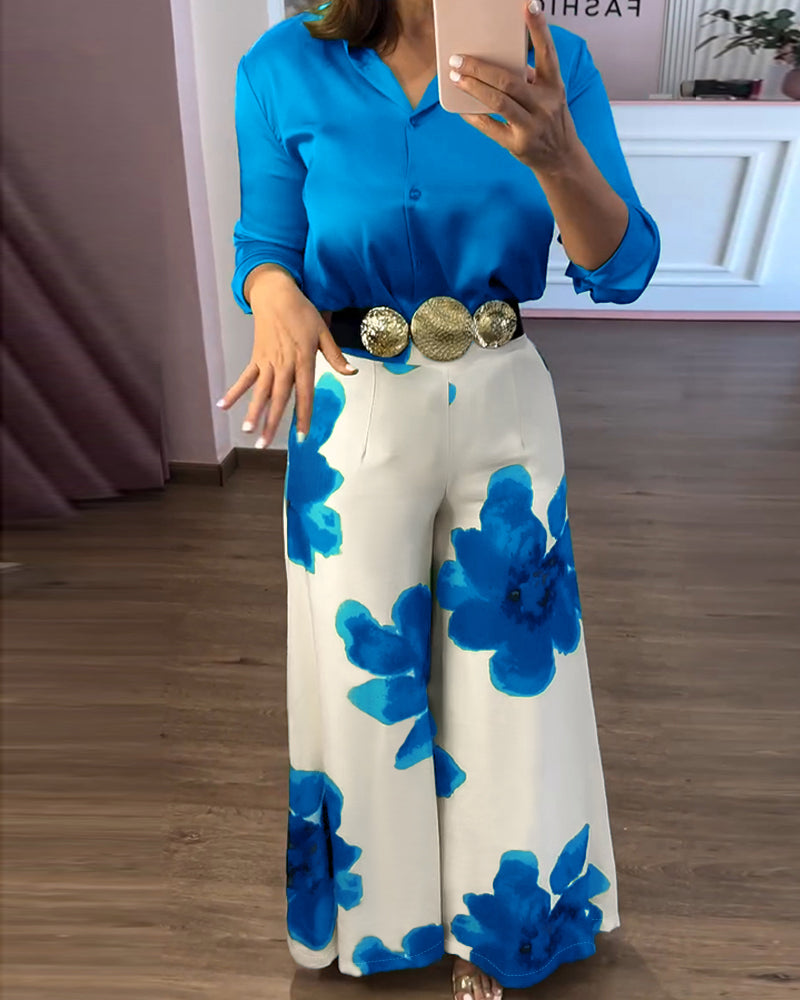 2 Pieces Outfit Long Sleeve Satin Blouse and Casual Floral Print High Waist Wide Leg Pants Set - Image 9