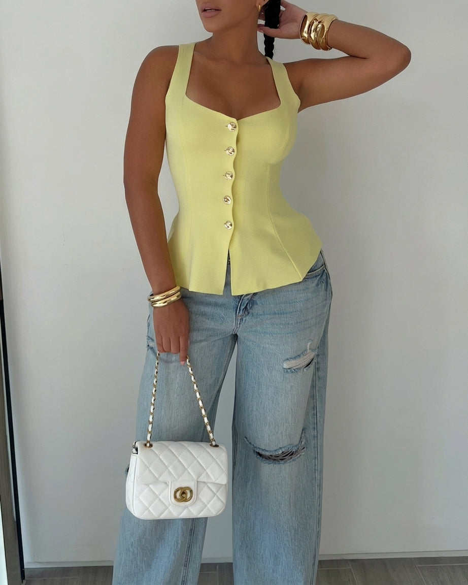 Women's Square Neck Knit Tank Top Gold Button Cinch Waist Peplum Vest - Image 5