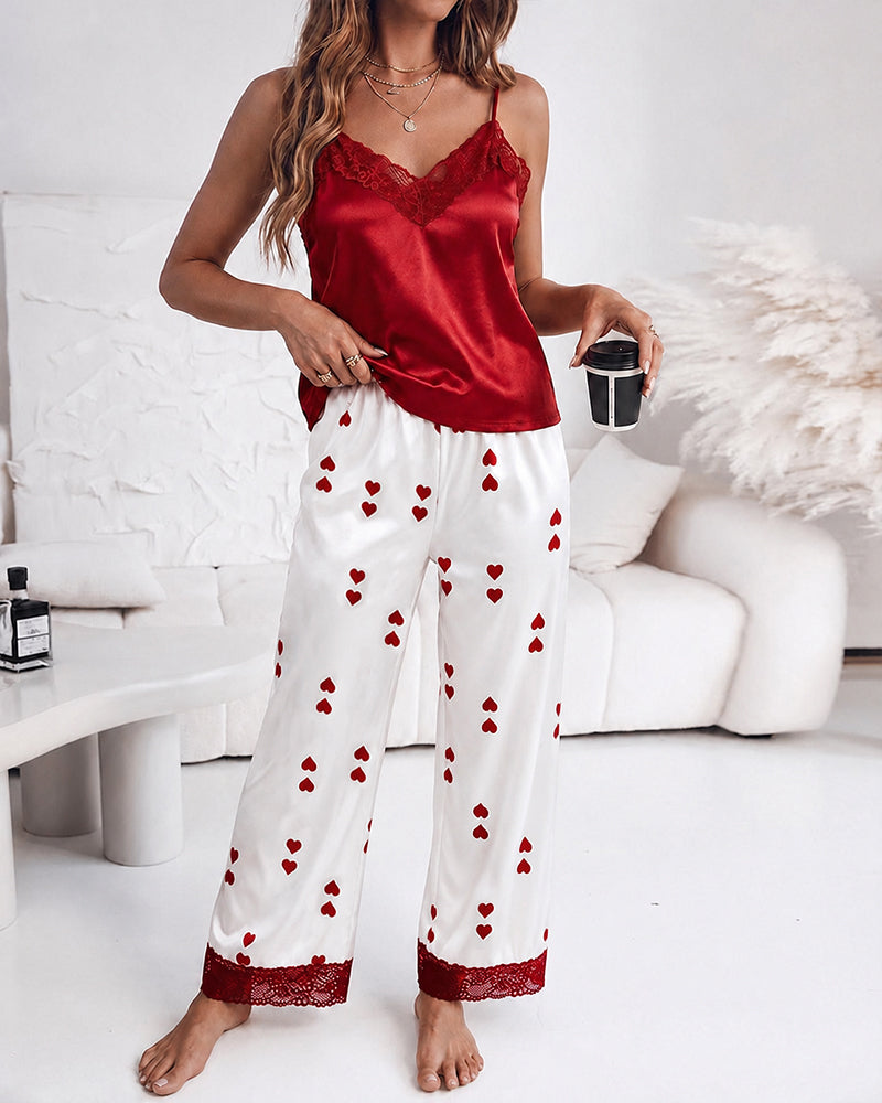 Women's Lace Trim Satin Pajama Set V Neck Cami Top and Heart Print Straight Leg Pants Casual Sleepwear Loungewear - Image 4