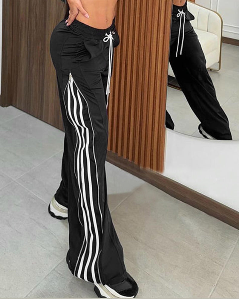 Contrast Side Striped & Zipper Slit Side Drawstring Elastic Waist Trousers Casual Wide Leg Pants - Image 15