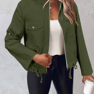 Flap Pocket Roll Tab Sleeve Drawstring Hem Zip Up Jacket