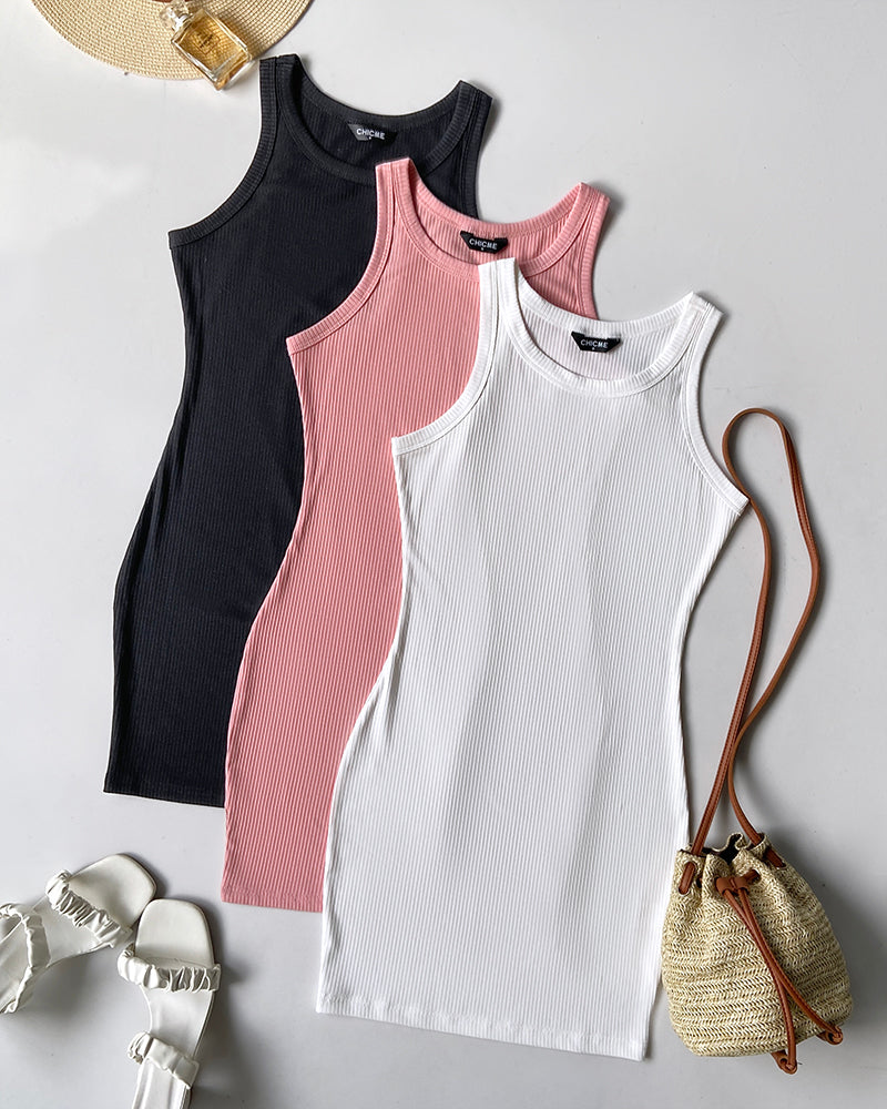 Scoop Neck Sleeveless Tank Dress Minimalist Ribbed Bodycon Dress - Image 3