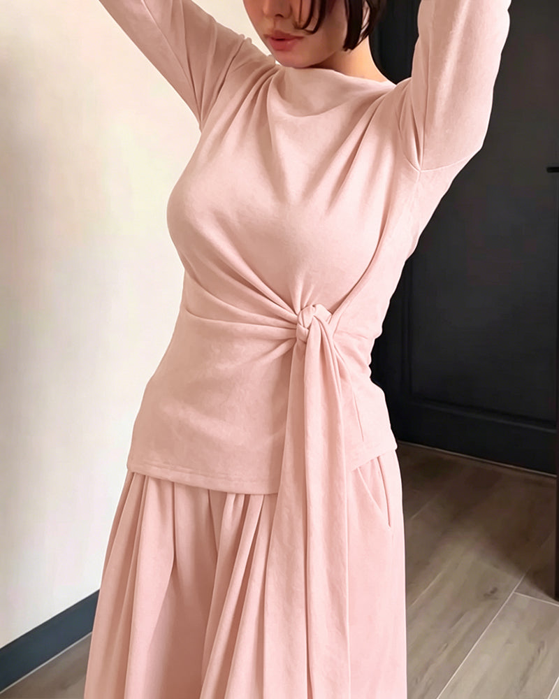 Women's 2 Piece Knit Lounge Set Long Sleeve Tie Waist Top and High Waisted Wide Leg Pants Casual Soft Sweatsuit with Pockets - Image 11