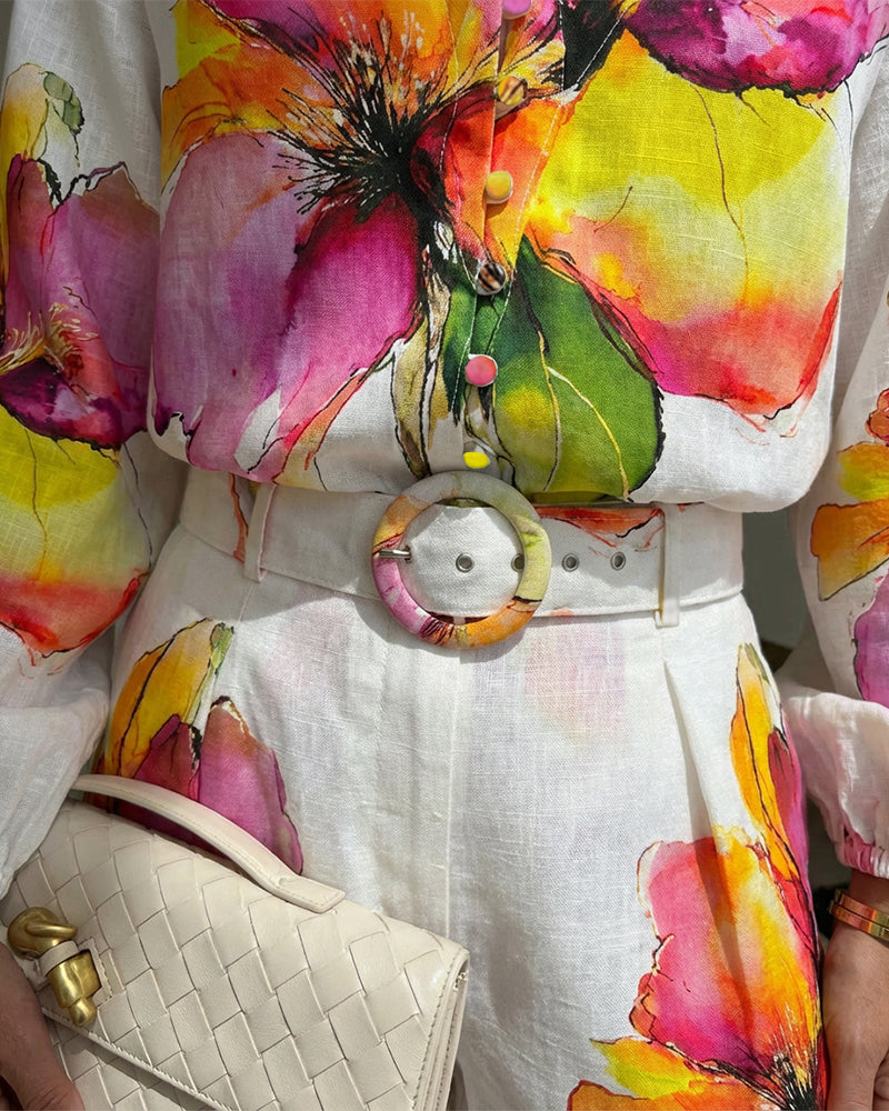 2 Pieces Outfit Stand Collar Lantern Sleeve Button Front Top and High Waist Elastic Waist Shorts Set Casual Watercolor Floral Placement Print Set with Belt & Lining - Image 7