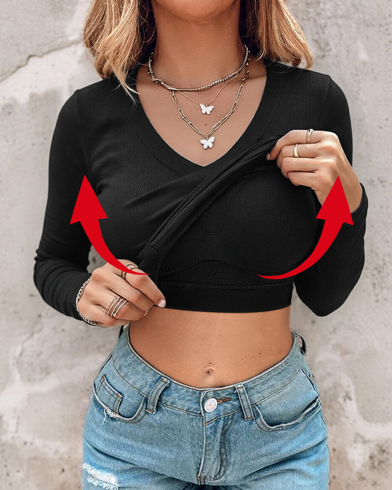 Women's V Neck Long Sleeve Ribbed Knit Top Slim Fit Base Layer Shirt Soft Stretchy Casual Tee with Built-in Bra - Image 7