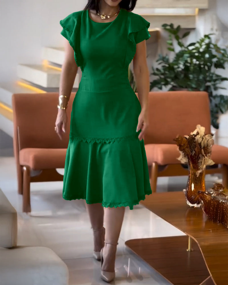 Butterfly Sleeve Hollow-out Back Shirred Dress Casual Cinched Waist Lace Trim Ruffle Hem Commuting Dress - Image 14