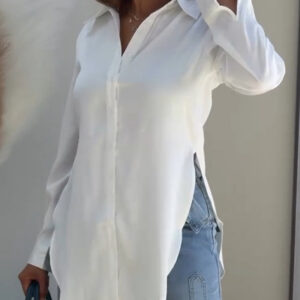 Turn-down Collar Roll Up Sleeve Button Front Shirt Casual Side Slit Curved Hem Top