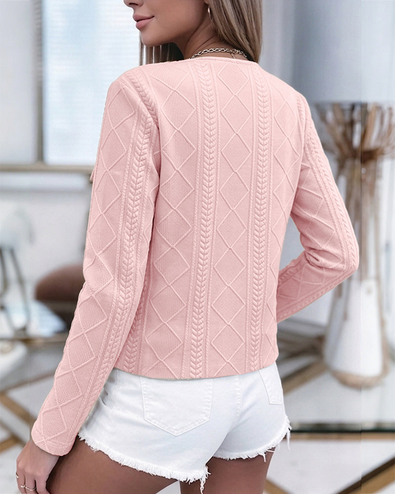 Women's French Style Cropped Jacket Round Neck Gold Button Coat Argyle Cable Jacquard Knit Outerwear - Image 7
