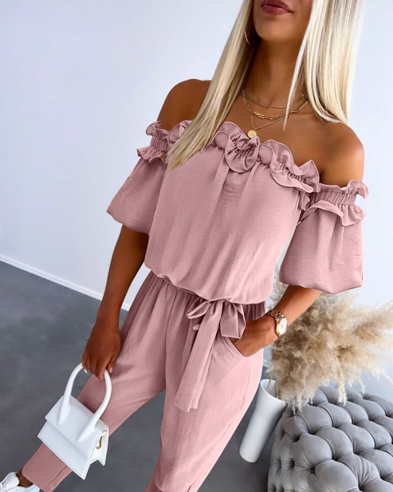 Frill Trim Off Shoulder Short Sleeve Tie Waist Overalls Casual Textured Jumpsuit - Image 11