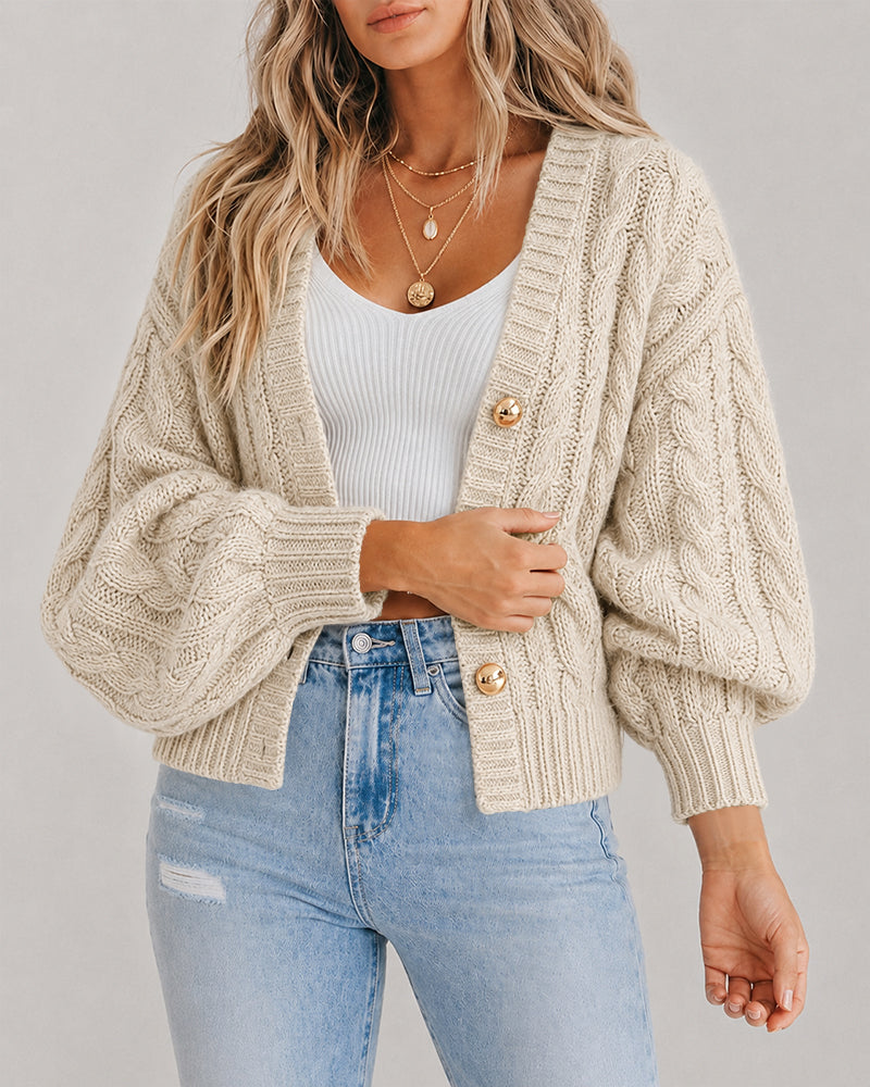 Women's Cable Knit Cardigan V Neck Button Down Chunky Knit Sweater Loose Lantern Sleeve Warm Outerwear - Image 3