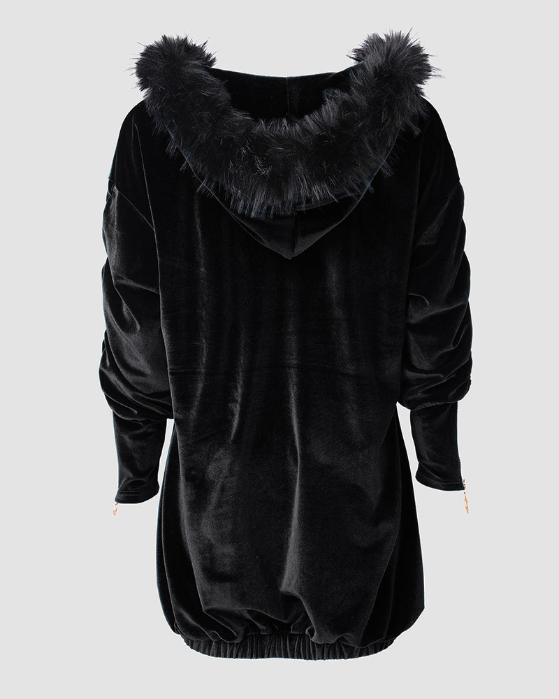 Velvet Fuzzy Trim Hooded Mini Dress Long Sleeve Zipper Design Sweatshirt Pullover Casual Dress - Image 17