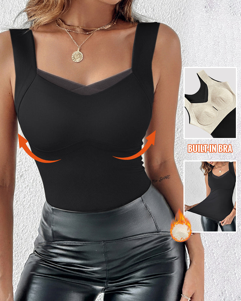 Sheer Mesh Spliced V Neck Sleeveless Built In Bra Tank Casual Warm Fleece Lined Slim Fit Top - Image 21
