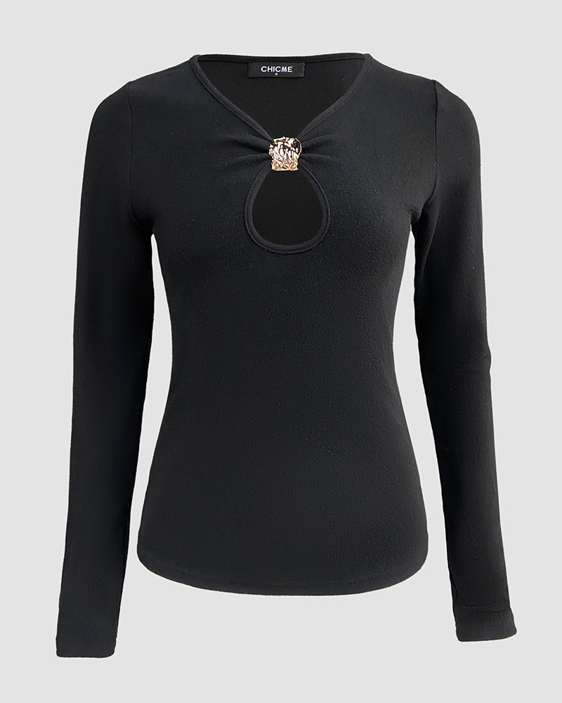 Metal Decor V-Neck Long Sleeve Sexy Hollow-out Slim Fit Top - Image 14