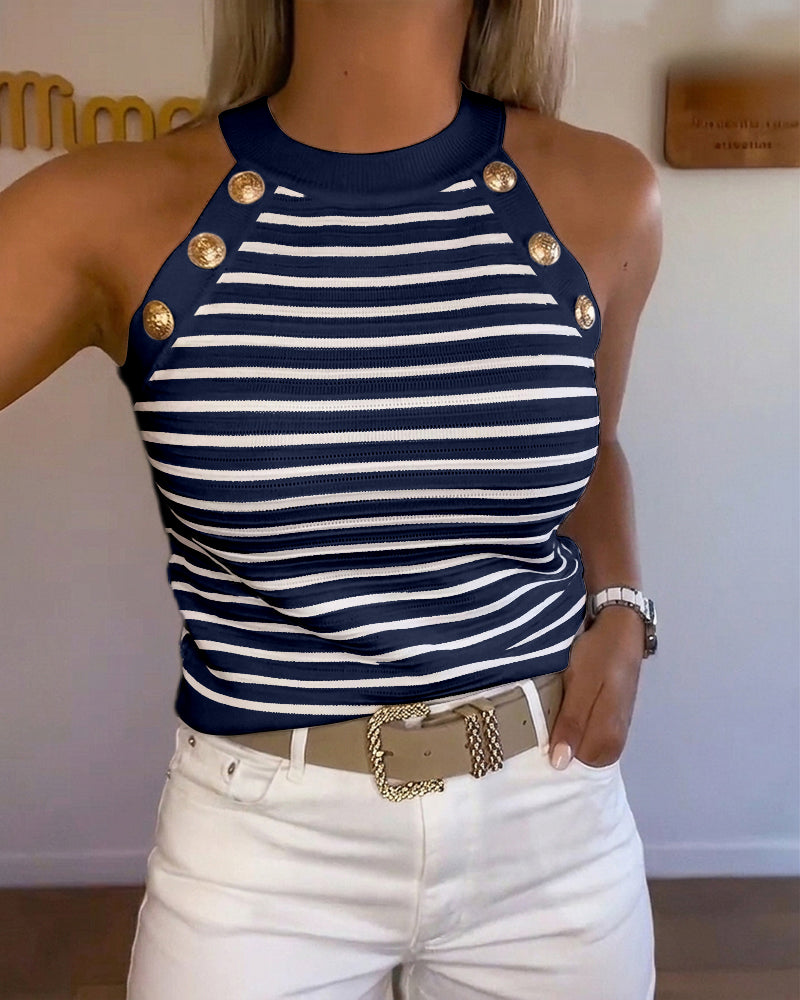 Women's Halter Neck Tank Top Striped Sleeveless Gold Button Contrast Binding Knit Top - Image 14