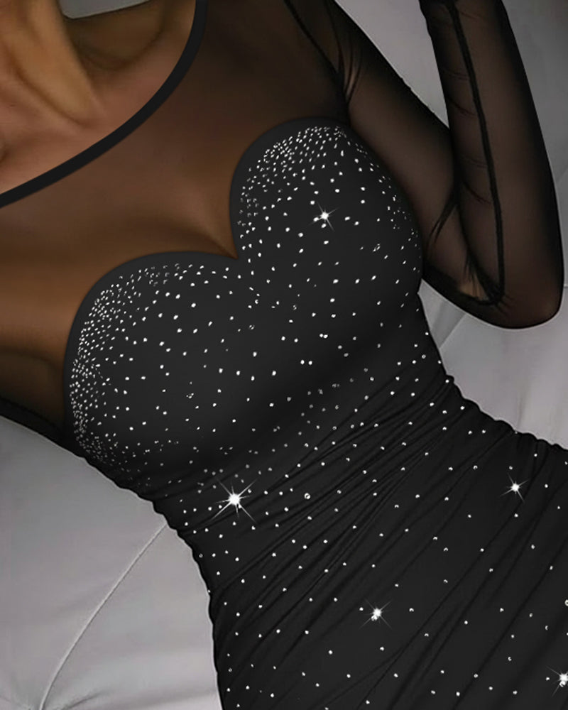 Rhinestone Decor Sweetheart Neck Sheer Mesh Spliced Mini Dress Mesh Long Sleeve Zipper Back Bodycon Dress - Image 3
