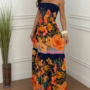 CHICME Women's Tropical Floral Print Bandeau Maxi Dress Shirred Ruffle Hem Vacation Dress with Pockets and Detachable Clear Straps