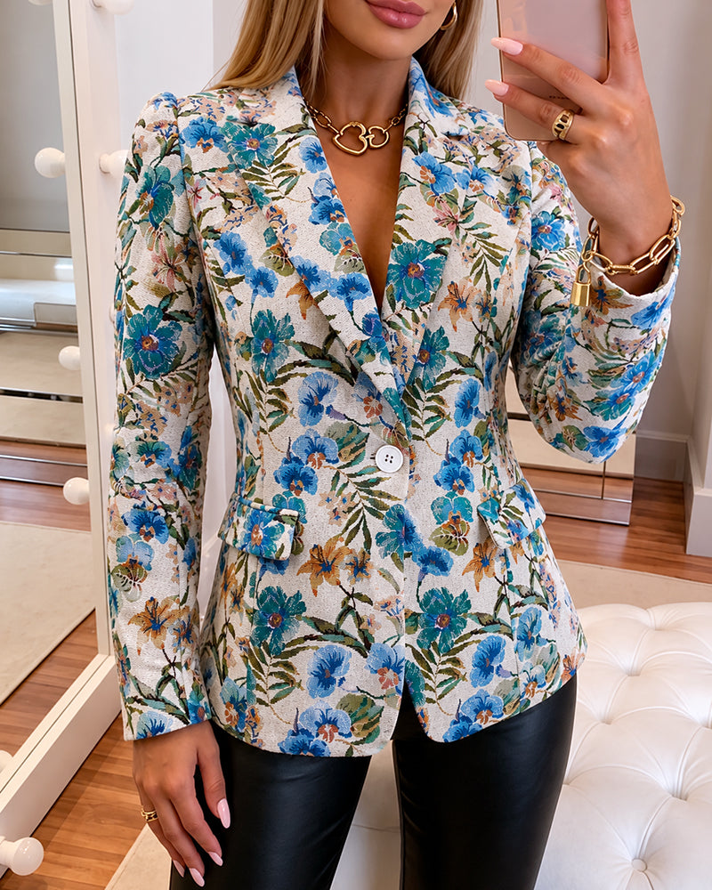 Women's Vintage Floral Jacquard Blazer Elegant Single Breasted Lapel Collar Coat - Image 6