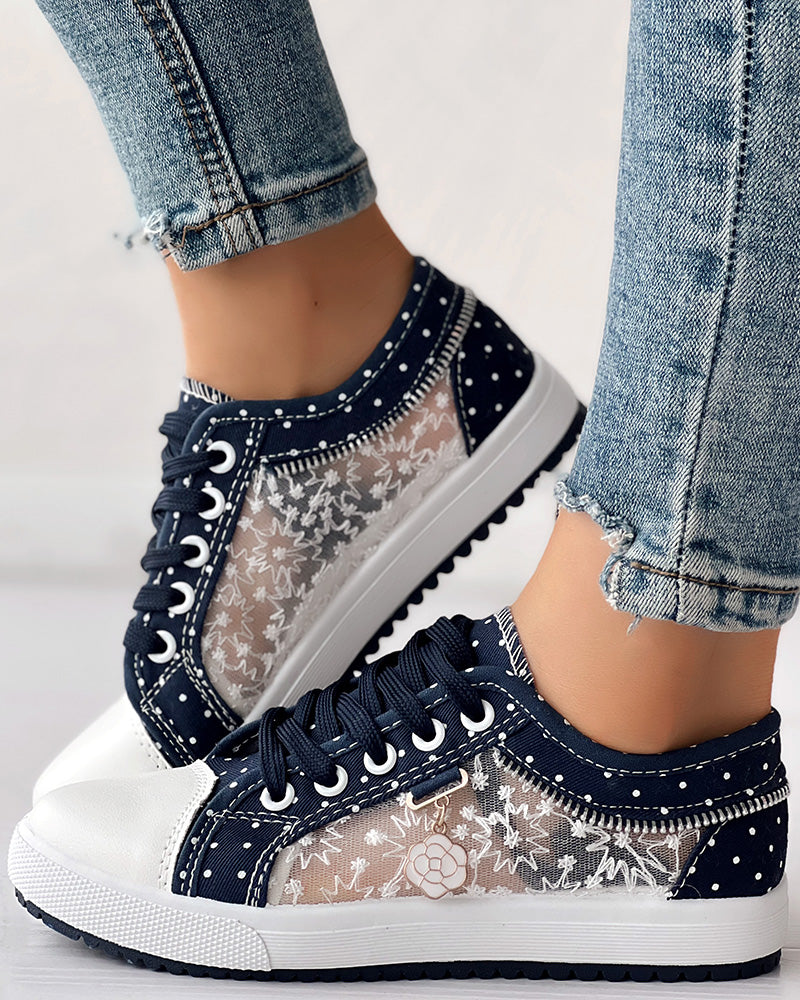 Floral Pattern Embroidery Dot Print Sneakers - Image 5