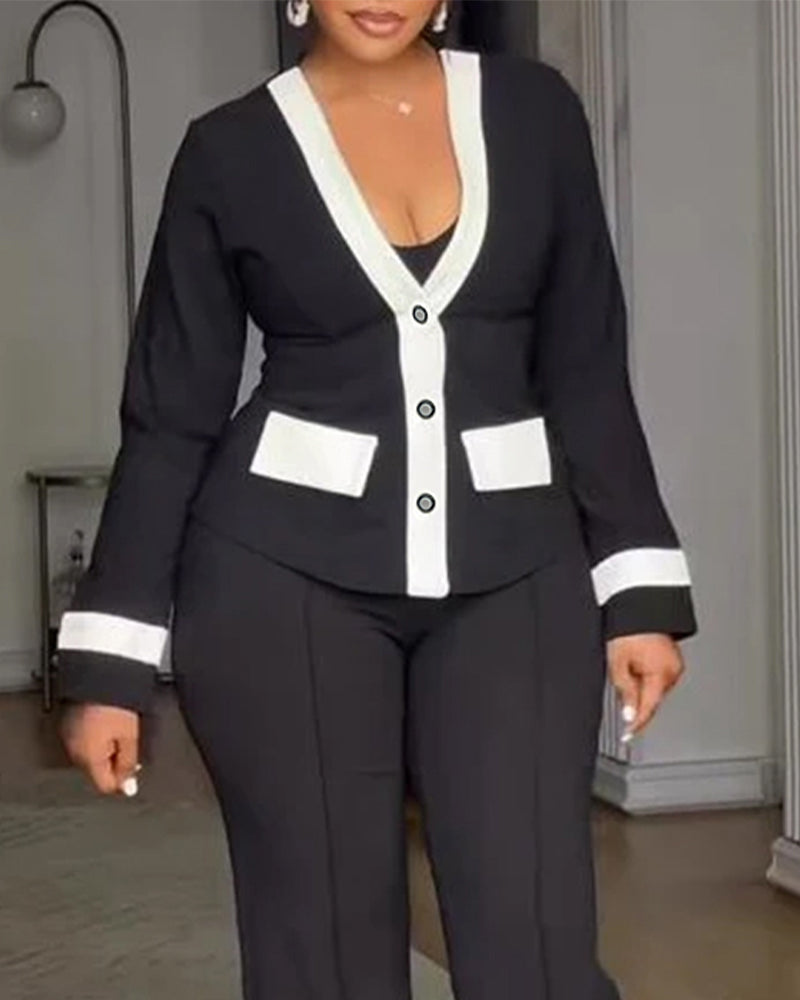 Women's Contrast Binding Coat Casual Slim Fit V Neck Jacket Button Front Office Business Workwear - Image 5