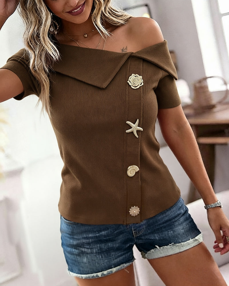 Women's Foldover Off Shoulder Rib-Knit Top Slim Fit Short Sleeve Tee with Gold Button Detail - Image 12