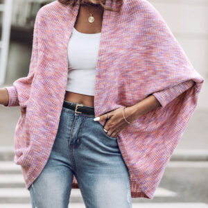 Colorful Waffle Knit Open Front Coat Batwing Long Sleeve Cardigan