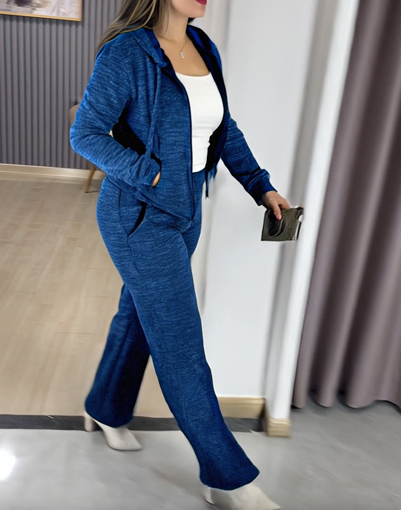 2 Pieces Outfit Long Sleeve Zip Up Drawstring Hoodie Coat and Casual Elastic Waist Seam Front Straight Leg Pants Set - Image 4
