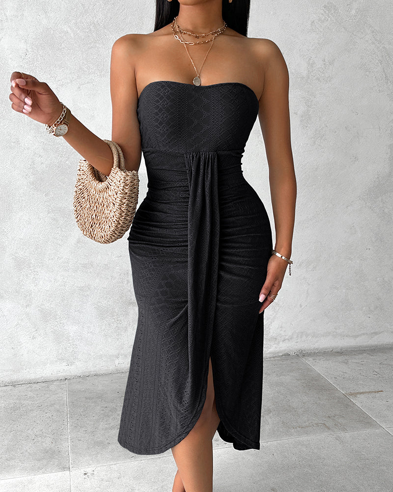 Sleeveless Ruched Cinched Waist Draped Bandeau Dress Eyelet Embroidery Slit Asymmetrical Hem Vacation Dress - Image 17