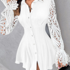 Turn-down Collar Water-Soluble Lace Long Sleeve Button Down Shirt Dress Casual Flared Cuffs Ruched Cinched Waist Vacation Dress