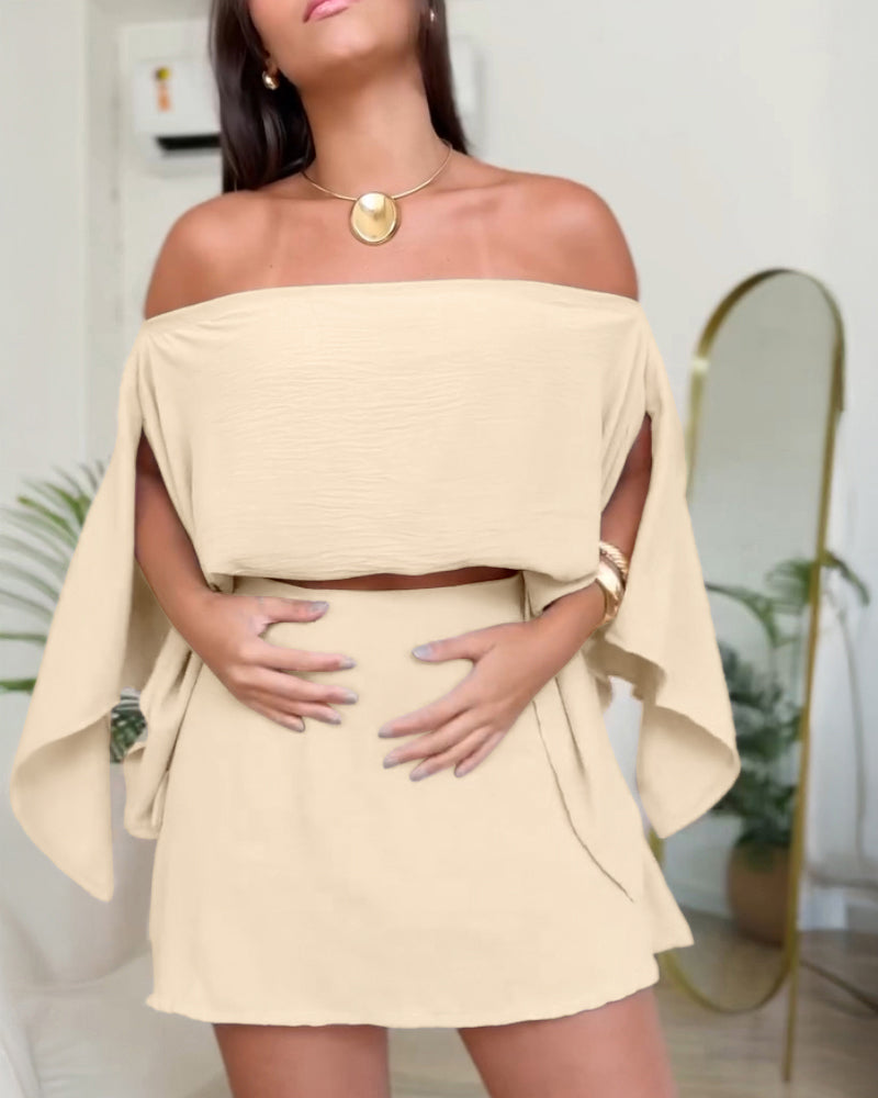 3 Pieces Outfit Solid Off Shoulder Split Sleeve Convertible Crop Top and Casual Elastic Waist Skorts Set With Bandeau(Without Belt) - Image 15