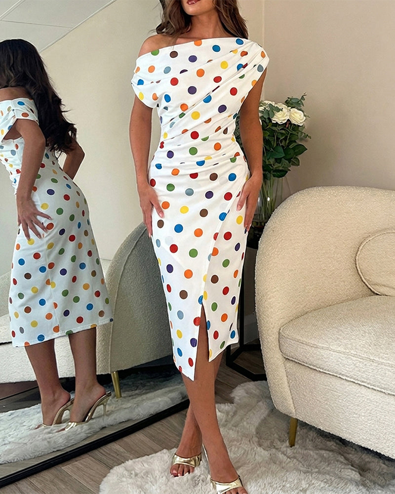 Women's Skew Neck Midi Dress Colorful Polka Dot Ruched Bodycon Dress Elegant Slit French Style Wrap Vacation Dress - Image 4