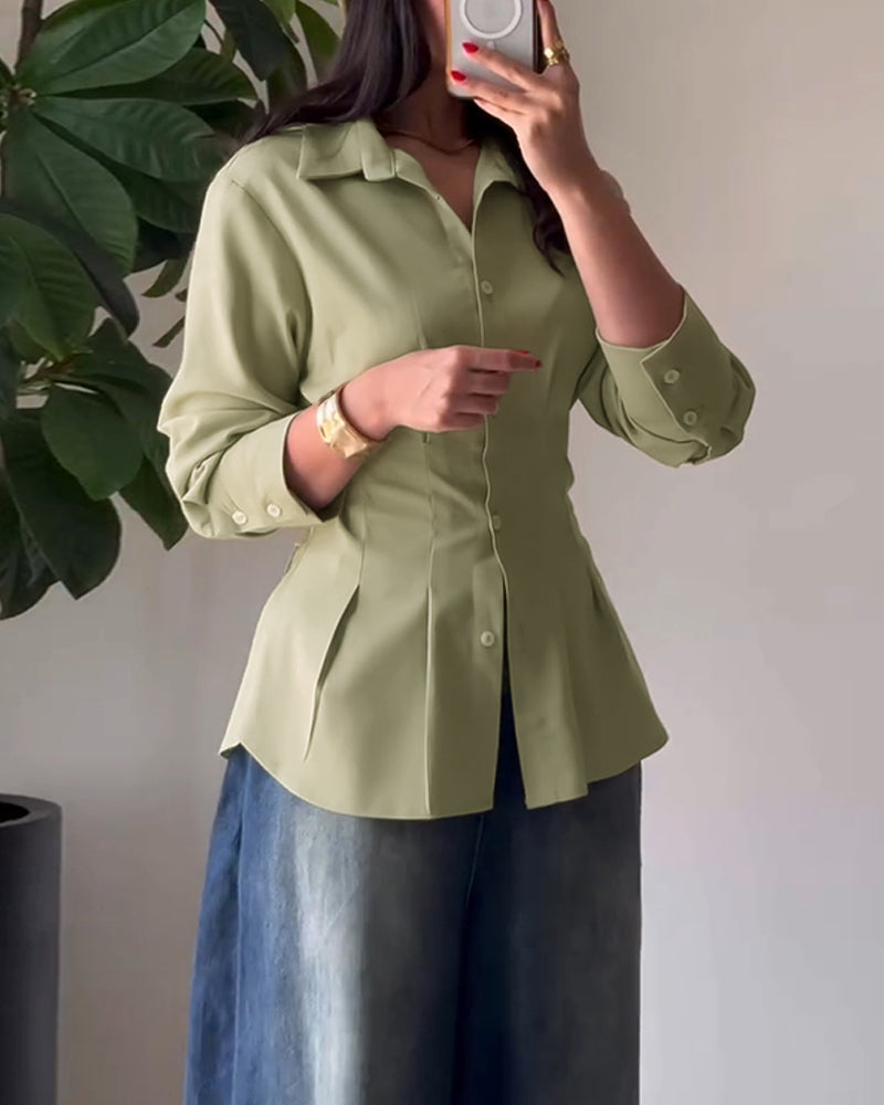 Turn-down Collar Long Sleeve Button Front Blouse Casual Back Criss Cross Tied Detail Fishtail Shirt - Image 8