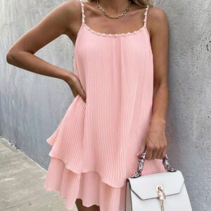 Women's Pearls Embellished Straps Mini Dress Backless Pleated Dress Casual Double Layer Lettuce Trim Cami Sun Dress