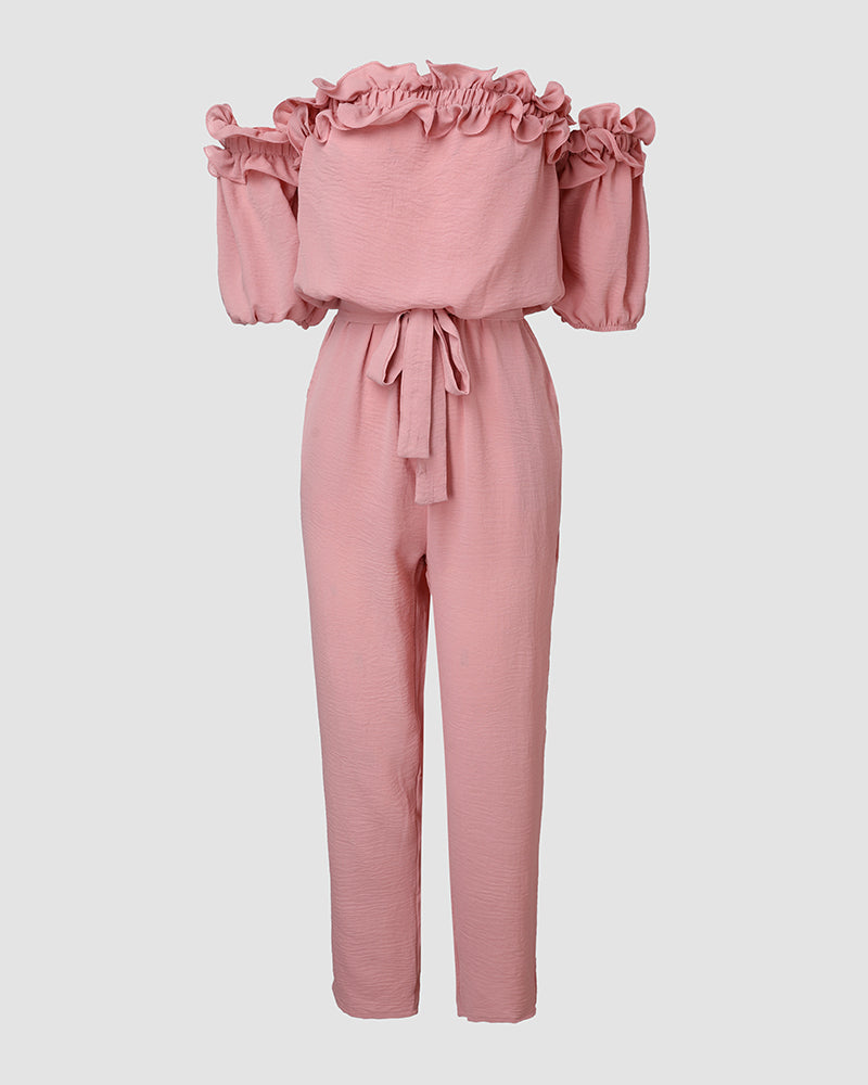 Frill Trim Off Shoulder Short Sleeve Tie Waist Overalls Casual Textured Jumpsuit - Image 13
