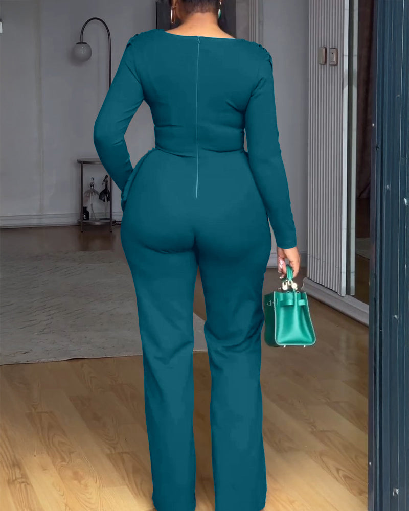 Cowl Neck Asymmetrical Textured Patchwork Cinched Waist Jumpsuit Casual Zipper Back Wide Leg Jumpsuit - Image 15