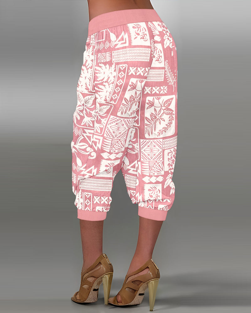 Plants Print Low Waist Wooden Button Decor Capris Pants Vacation Pants with Pockets - Image 2