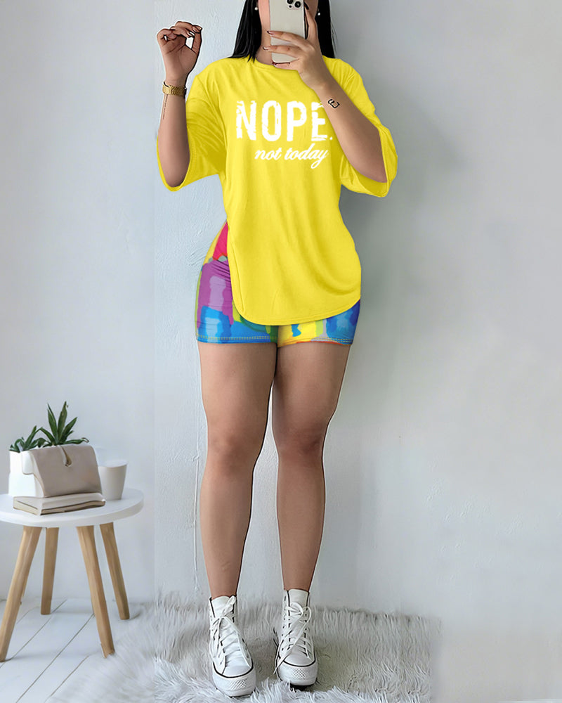 Women's 2 Piece Set Nope Not Today Slogan Half Sleeve Tee and Tie Dye Slim Fit Biker Shorts Set - Image 4