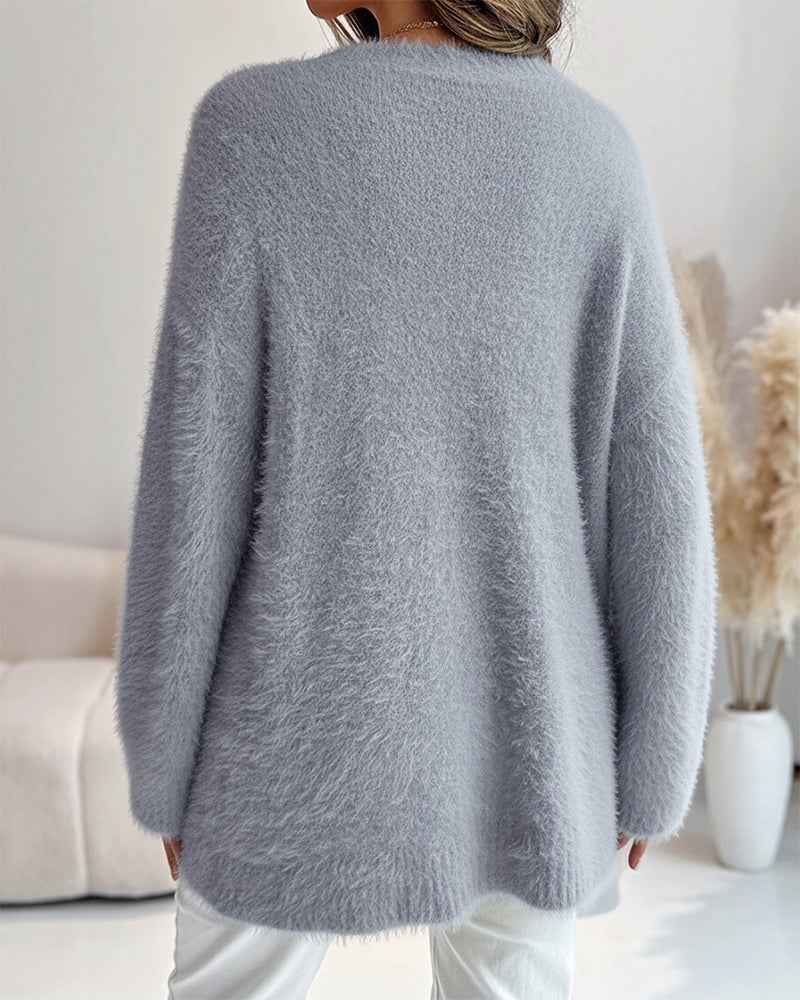 V-Neck Single Breasted Fuzzy Cardigan Casual Minimalist Sweater Coat - Image 2