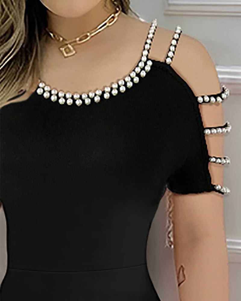 Cold Shoulder Beaded Slit Bodycon Dress Ruffle Hem Zipper Back Party Dress - Image 4