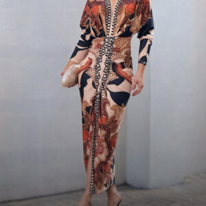 Vintage Baroque Deep V Neck Long Sleeve Slit Bodycon Dress Ruched Slim Fit Vacation Dress