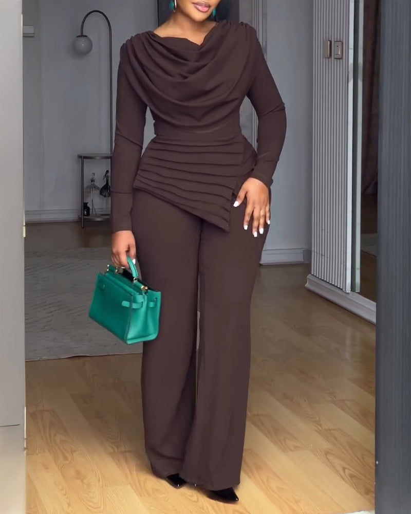 Cowl Neck Asymmetrical Textured Patchwork Cinched Waist Jumpsuit Casual Zipper Back Wide Leg Jumpsuit - Image 4