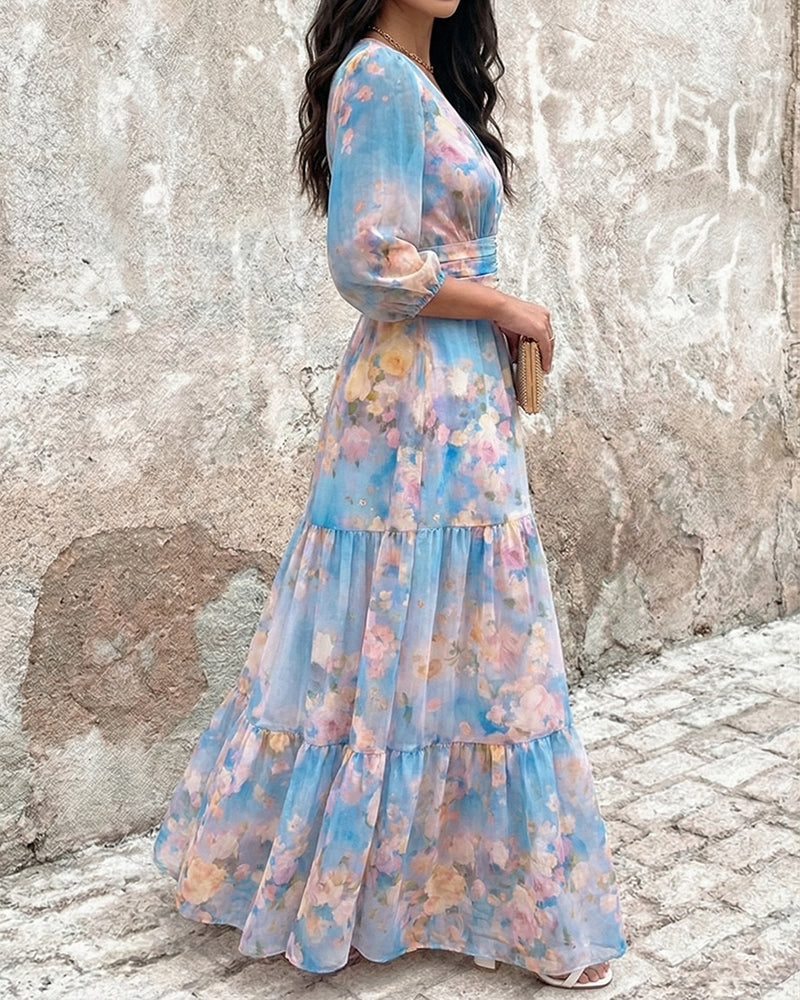 CHICME Women's Watercolor Floral V-Neck Shirred High Waist Maxi Dress Three Quarters Lantern Sleeve A-Line Ruffle Hem Chiffon Vacation Dress - Image 3