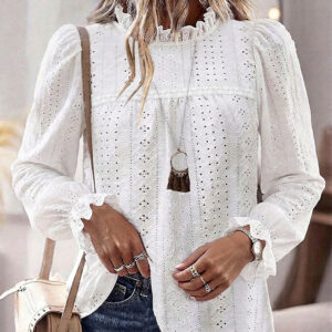 Women's French Style Eyelet Embroidery Blouse Elegant Frill Hem Stand Collar Puff Sleeve Top Lace Patchwork Shirt