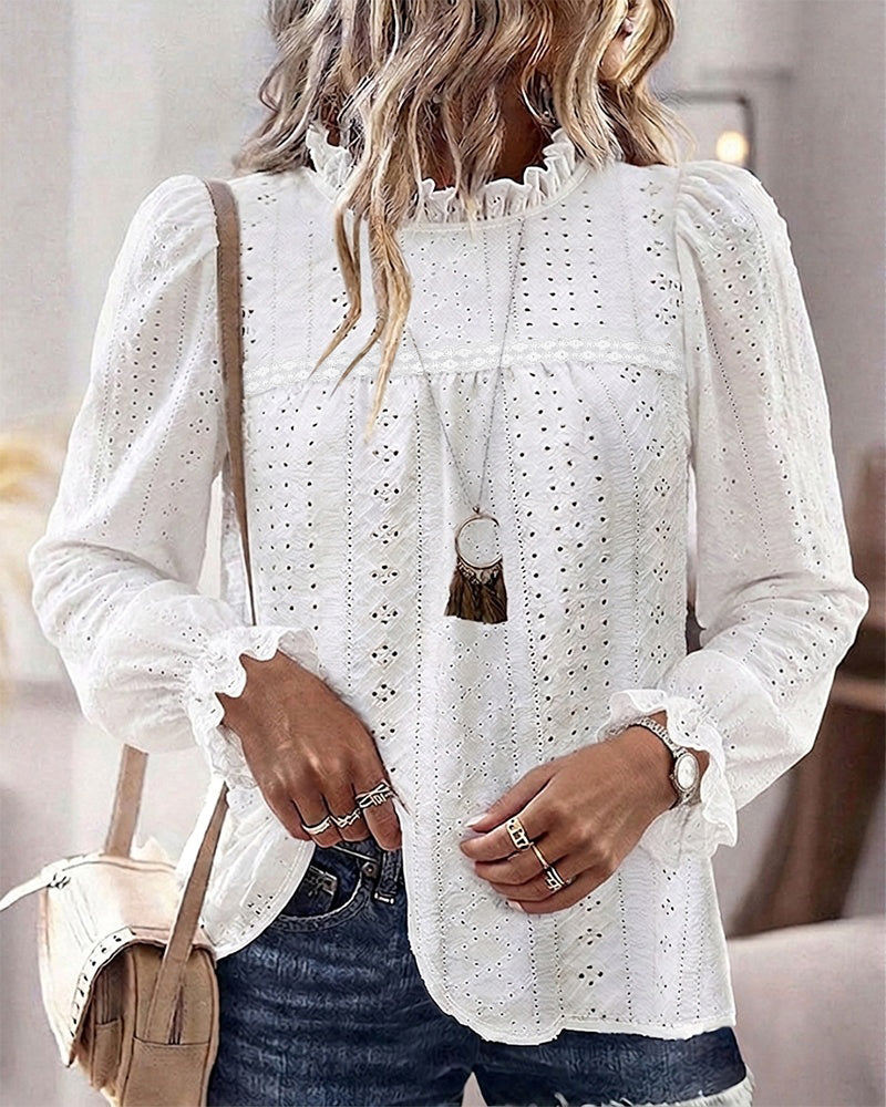 Women's French Style Eyelet Embroidery Blouse Elegant Frill Hem Stand Collar Puff Sleeve Top Lace Patchwork Shirt