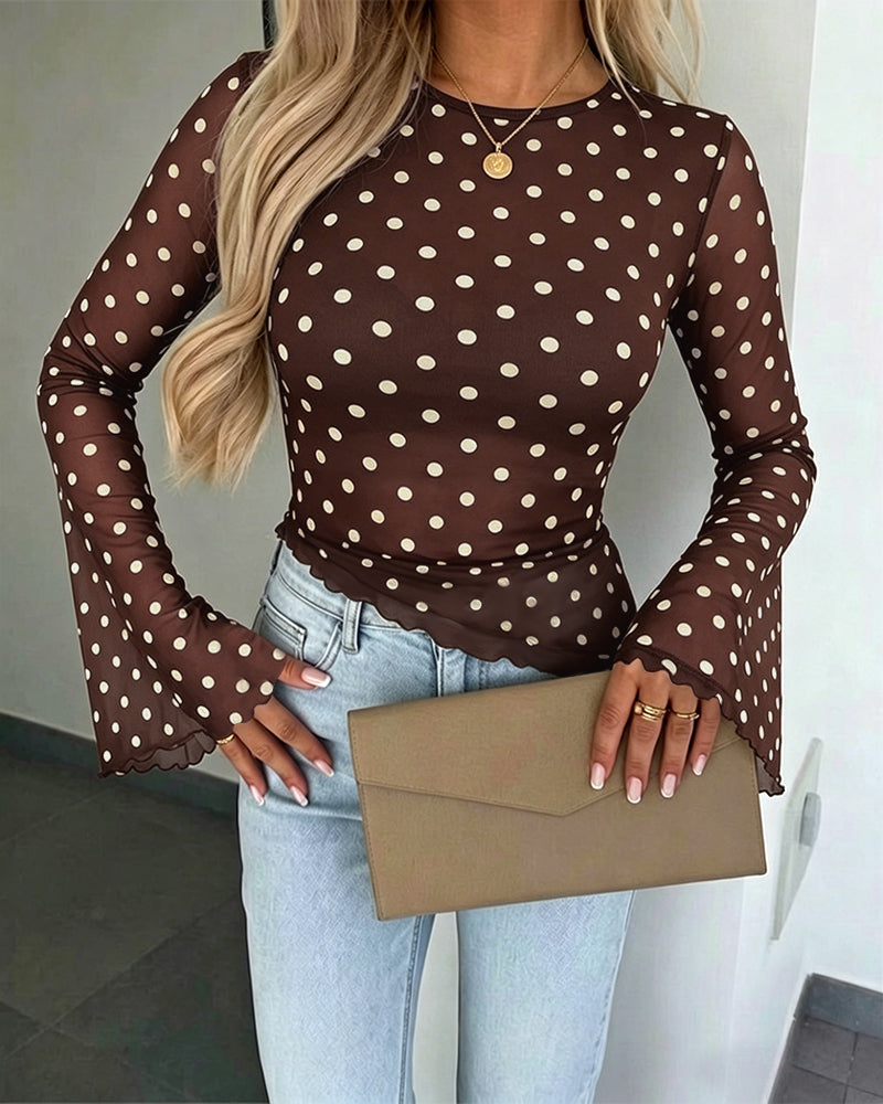 Women's Polka Dot Mesh Top Flare Long Sleeve Boat Neck Lined Asymmetric Frill Hem Blouse Vintage Party Shirt - Image 15