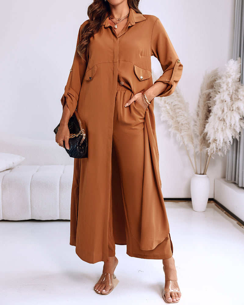 2 Pieces Outfit Turn-down Collar Turn-Up Sleeves Button Front Asymmetrical Hem Longline Blouse and Casual Elastic Waist Wide Leg Pants Set - Image 5