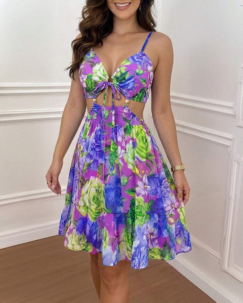 Women's Floral Print Sweetheart Neck Vacation Dress Sexy Cutout Backless A-Line Sundress Casual Tied Detail Cami Dress - Image 3