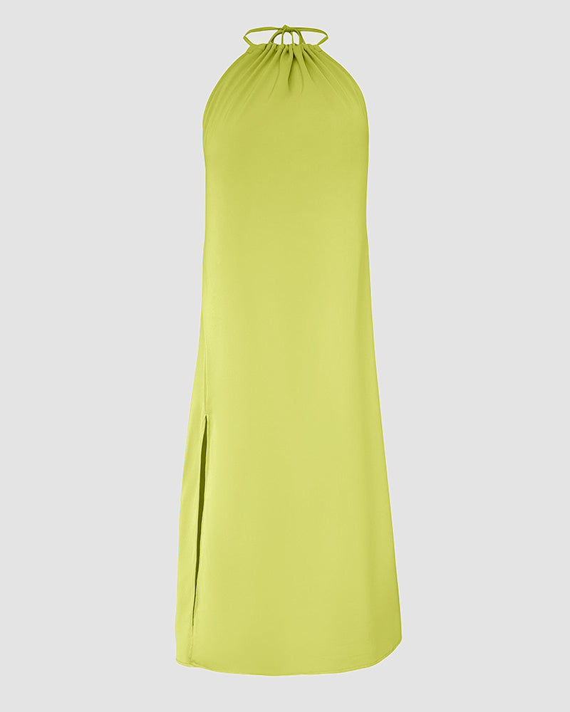 Halter Sleeveless Backless Maxi Dress Casual Shirred Back Side Slit Vacation Dress - Image 28