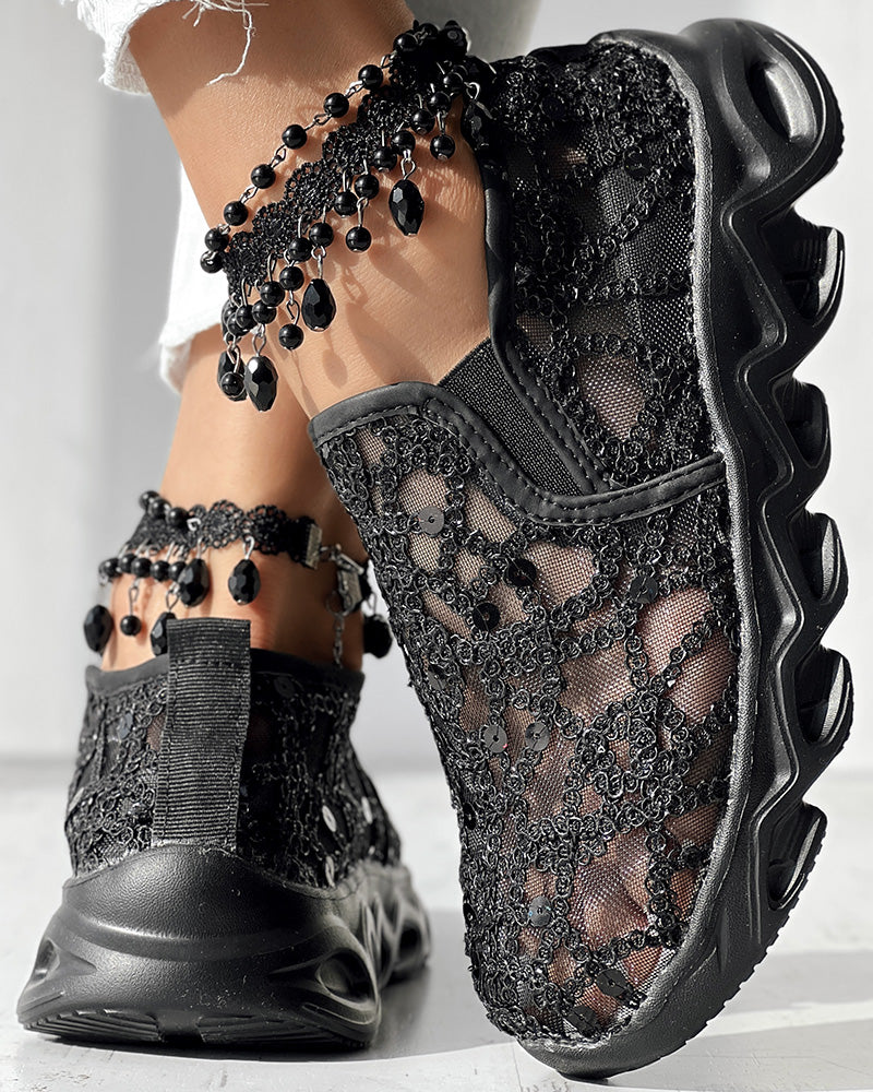 Contrast Sequin Sheer Mesh Patch Breathable Sneakers - Image 20