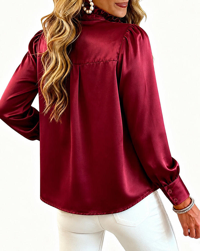 Women's Satin Frill Hem Blouse Long Sleeve Half Button Shirt Elegant Stand Collar Office Work Top - Image 2
